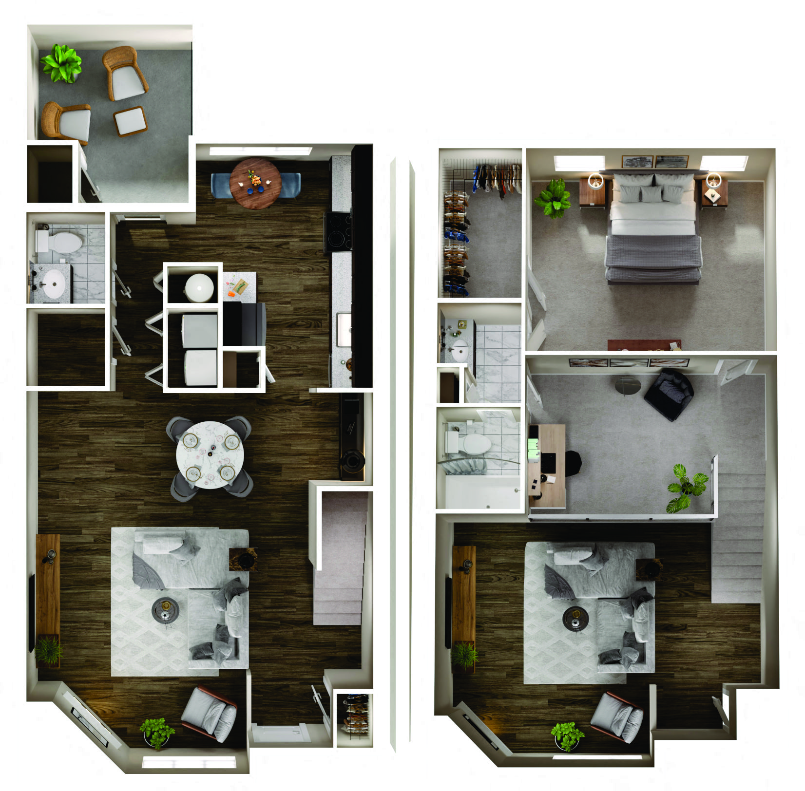 Floor plan for 1 bed, 1.5 baths, 1192 sqft